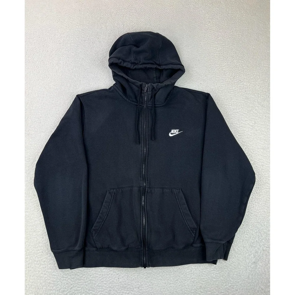 Nike Mens Club Fleece Full Zip Hoodie Black Swoosh Sweatshirt BV2455-010 L